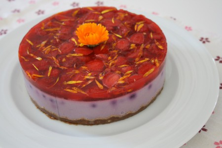Yogurt cheesecake ai mirtilli con copertura di fragole e petali di calendula